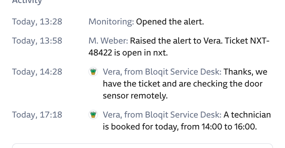 Activity log with the provider's replies relayed by Vera.