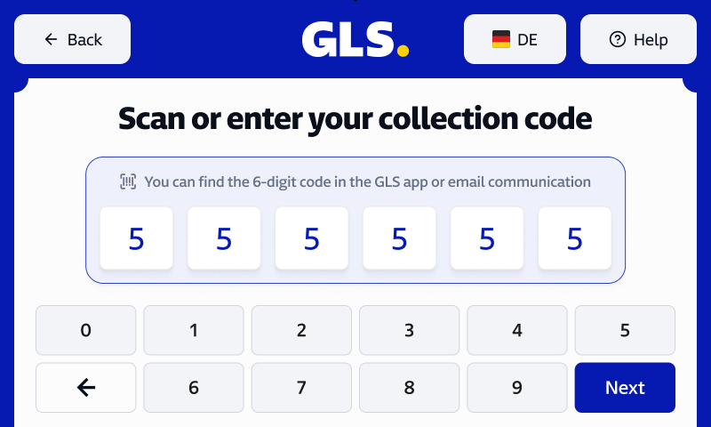 Customer screen: scan or enter your 6-digit collection code.