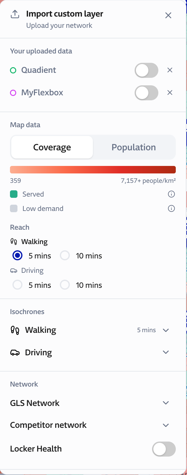 Layers panel with coverage, population, reach, isochrones, network, and context layers.