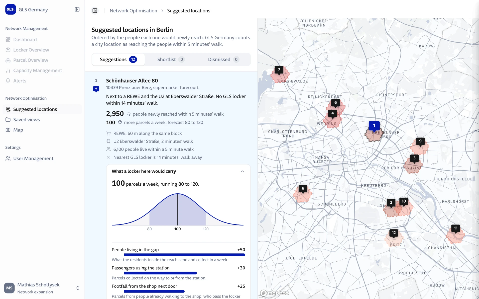 Suggested locations in Berlin: a ranked list on the left and 12 numbered suggestions on the map.