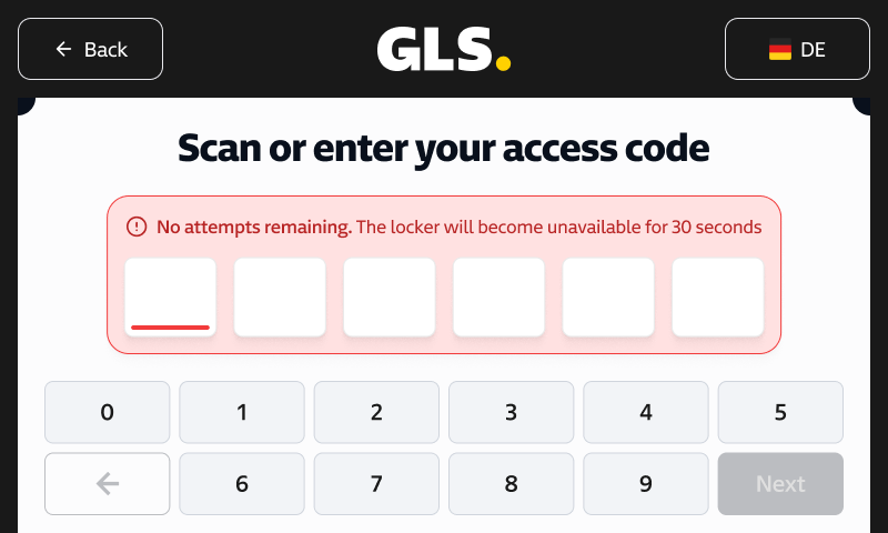 Error: no attempts remaining, the locker becomes unavailable for 30 seconds.