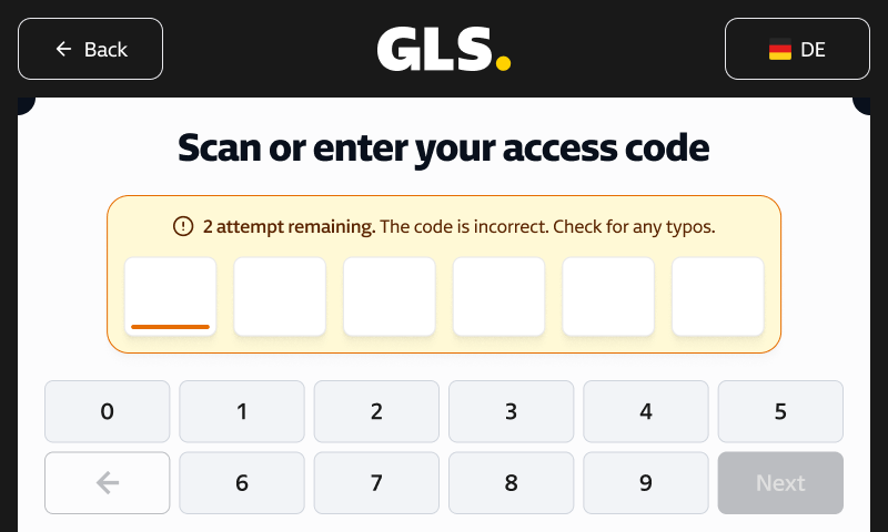 Warning: 2 attempts remaining, the code is incorrect.
