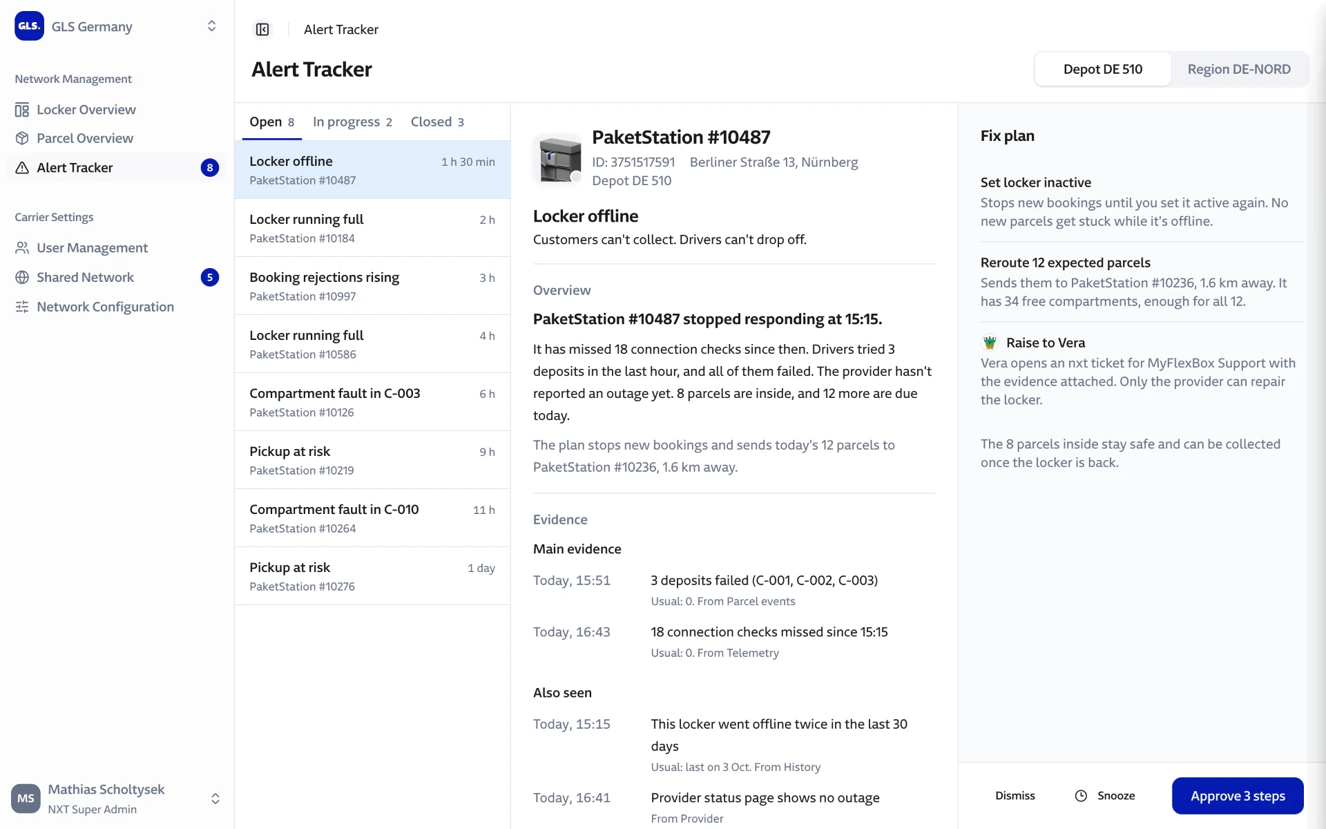 Alert Tracker with a locker offline alert, its plain-language overview and evidence, and a three-step fix plan.