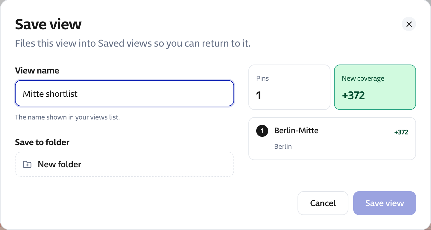 Save view dialog naming a shortlist with one pin and 372 people newly covered.