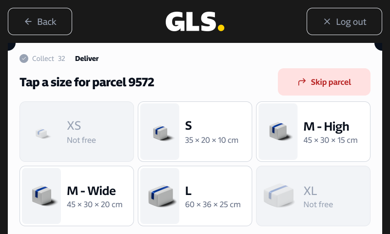 Size picker for parcel 9572 with XS and XL not free and S, M high, M wide, and L available.