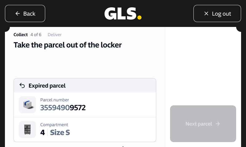 Driver screen: take the parcel out of the locker, collect 4 of 6, compartment 4 size S.